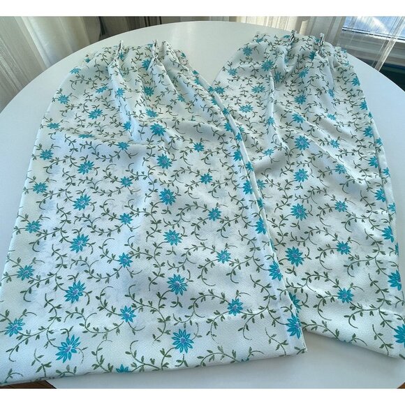 Vintage 60s floral pleated curtains, white and blue, Fiberglass, pair of panels - Picture 6 of 10
